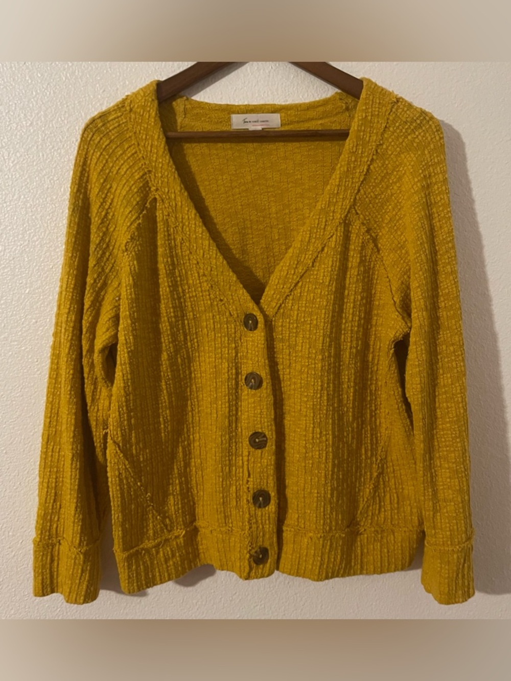 Two by Vince Camuto Large Mustard Textured cotton blend button-up cardigan
